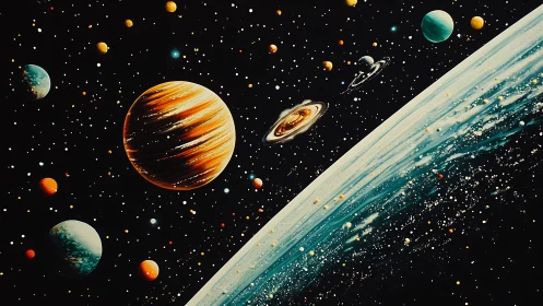 Sweeping galactic vista with vivid ringed planets in orbit.