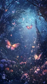 Bioluminescent butterflies traverse a luminous nocturnal forest