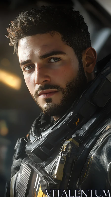 Photorealistic sci-fi soldier portrait with tactical armor focus.