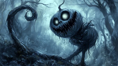 Digital painting of a twisted pumpkin wraith in haunted forest.
