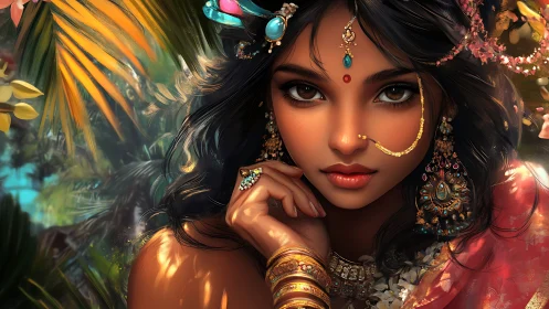 Digital portrait of jeweled woman in lush tropical garden.