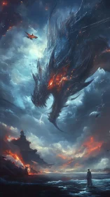 Colossal ember-lit dragon dominates a storm-swept coastal sky
