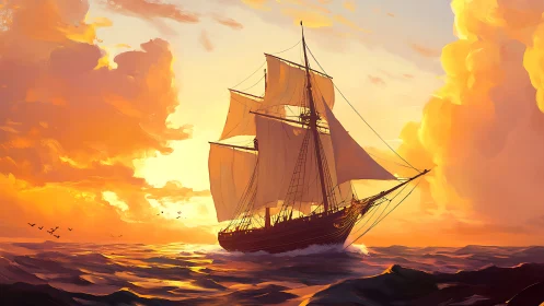 Golden-hour clipper sails across luminous painted seascape.
