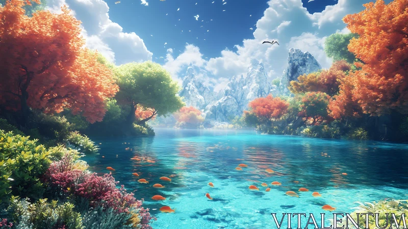 Mountain lake with autumn trees and fish in clear water.