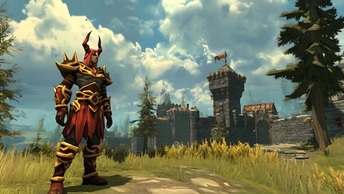 Armored demon warrior surveys fortified stone castle grounds