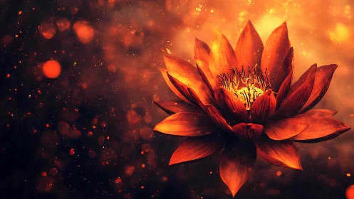 Ember lotus drifting through a twilight of falling sparks.