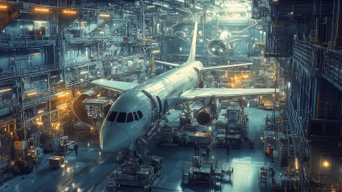 Busy futuristic aircraft hangar hums with careful nighttime work