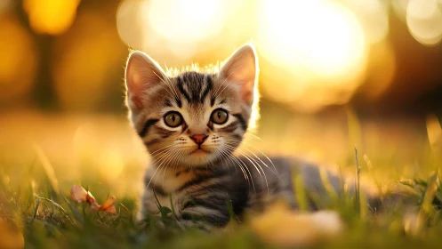 Tabby Kitten in Grass with Warm Sunlight