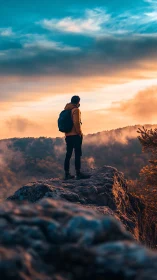 Sunset cliffside hiker soaking in a glowing mountain view.