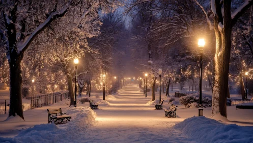 Snow covered park promenade illuminated by winter lamps.