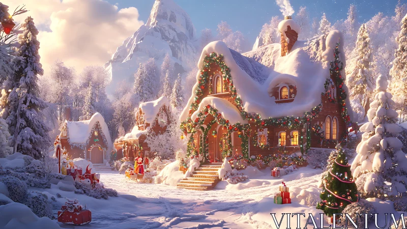 Snow-draped Santa village glowing with storybook Christmas magic.