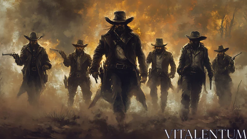 Outlaw gunslingers advance through blazing desert haze