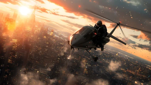 Dusk-slashed skyline hunted by a stealthy urban gyrocopter.