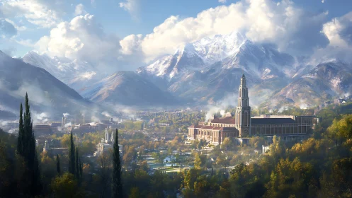 Mountain valley cityscape with central tower complex.