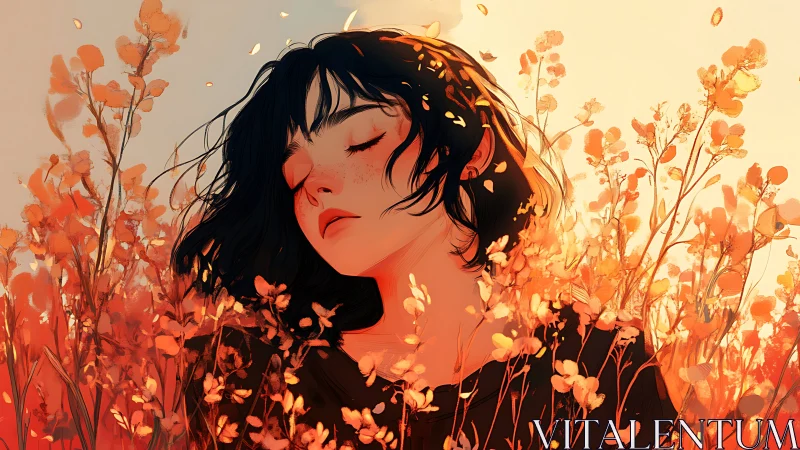 Softly dreaming girl rests in a warm golden flower field