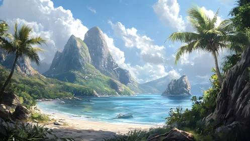 Tropical Island Paradise with Twin Peaks and Turquoise Lagoon