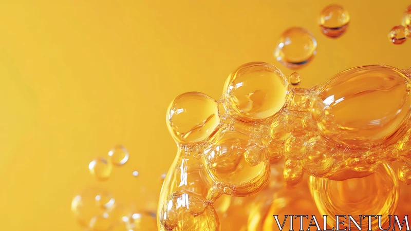 Golden oil bubbles cluster against vivid yellow backdrop.