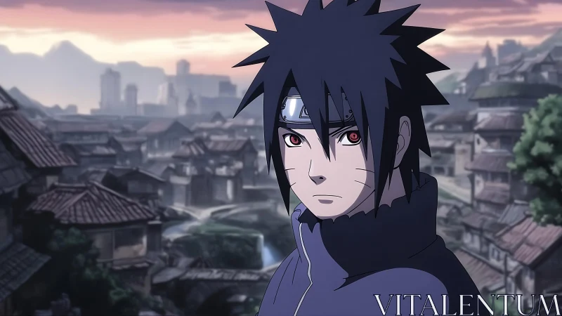 Anime shinobi portrait set against atmospheric village skyline