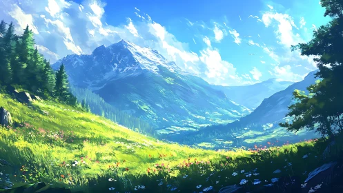 Sunlit valley meadow dreaming beneath blue alpine giants.