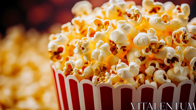 Cinematic buttered popcorn in striped carton under warm light.