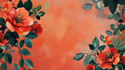 Red Peonies and Eucalyptus Botanical Composition on Coral Ground.