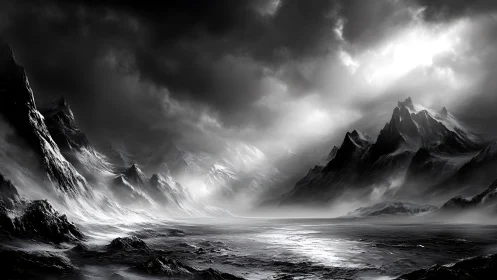 Stormlit monochrome mountains rise over a frozen desolate valley