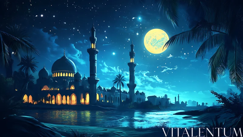 Mosque complex under full moon beside river at night