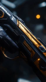 Futuristic tactical rifle close‑up with metallic orange inlays.