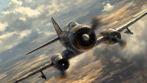 Sweeping warbird roars through golden clouds in bold flight