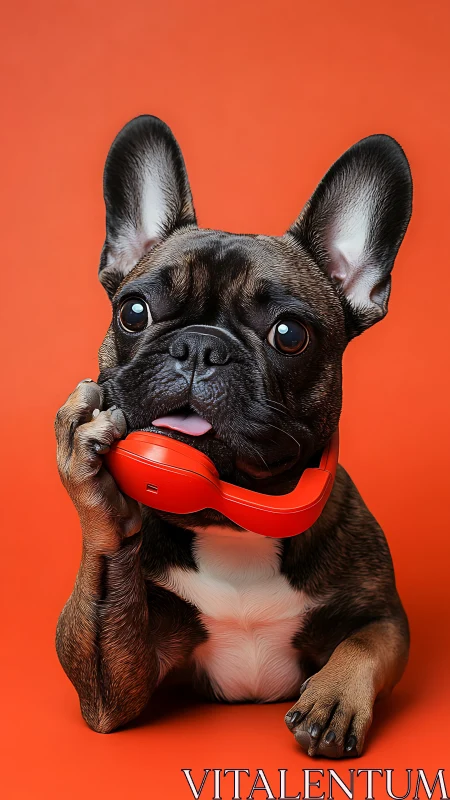 French bulldog with red telephone handset on orange background.
