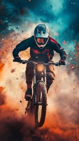 Roaring dirt bike rider charges forward through blazing dust