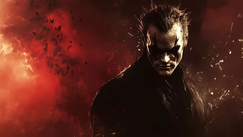 Brooding dark jester rises from a storm of embered shadows.
