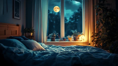 Moonlit bedroom glows softly with cozy nighttime warmth