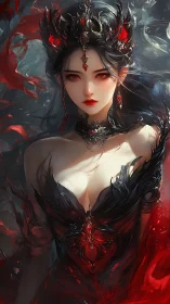 Dark queen in crimson flame armor gazes with icy calm.