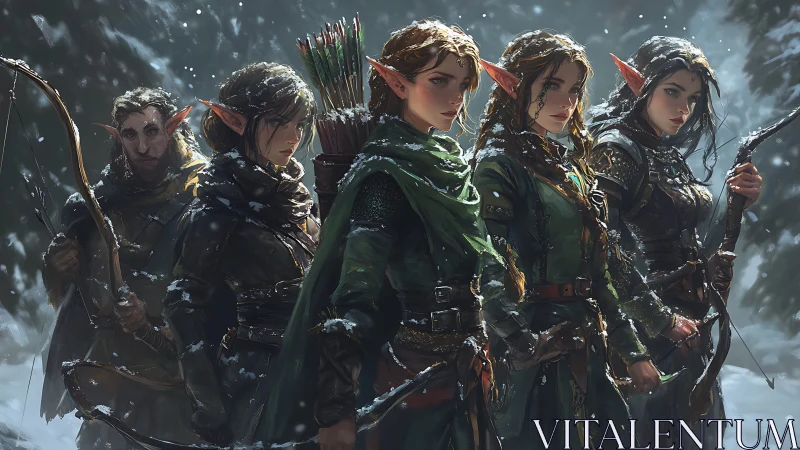 Snowbound elven ranger cadre in cinematic fantasy digital painting.