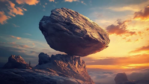 Majestic balanced boulder glows warmly above a dreamy horizon