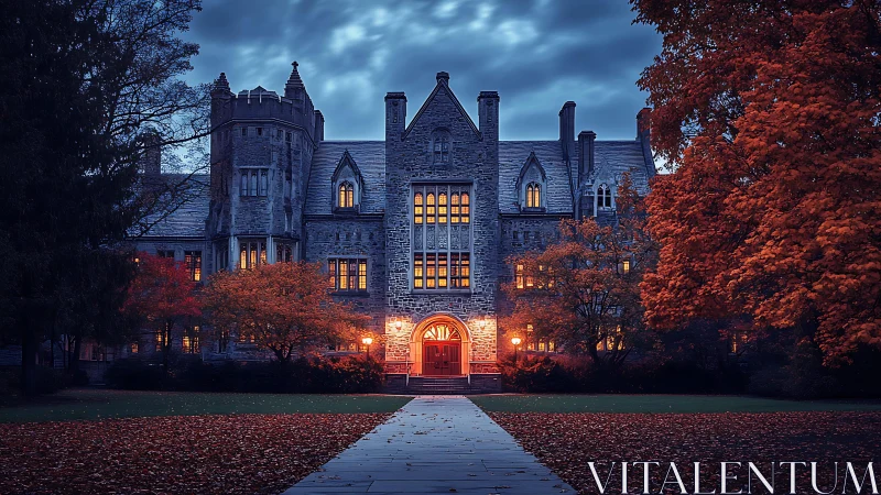 Inviting autumn-lit castle glowing under a moody twilight sky.