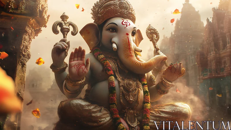 Golden Ganesha blessing in swirling temple incense light.