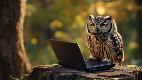 Wise owl using laptop in forest, whimsical digital art scene.