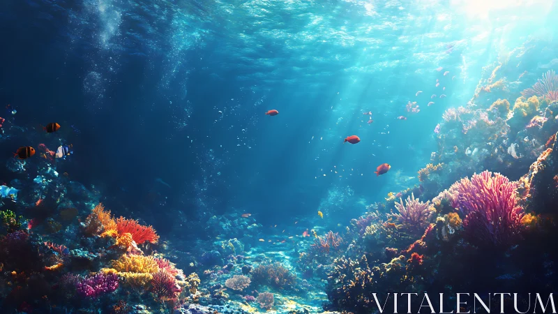 Digital painting of sunlit coral reef with dynamic depth composition.