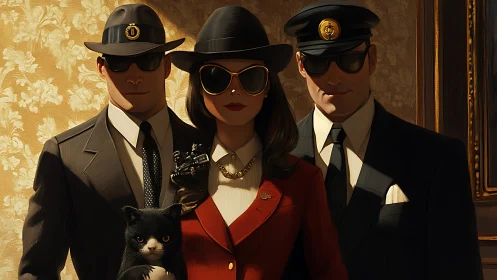 Stylish secret agents and a skeptical cat strike a pose.