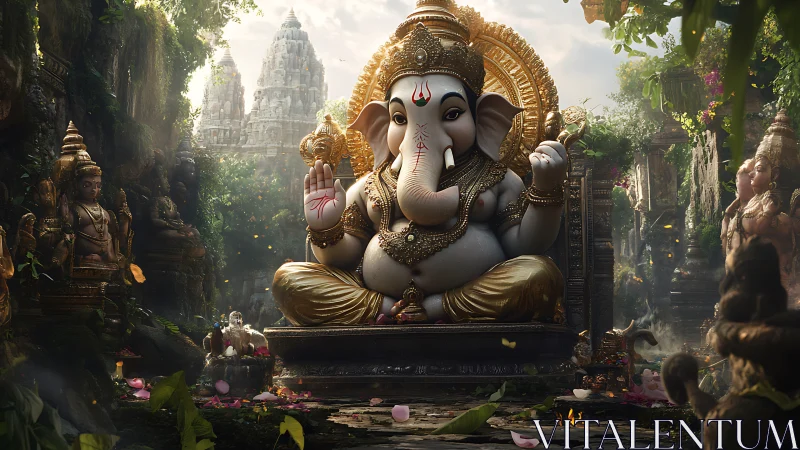 Ganesha deity statue in lush ancient temple courtyard.