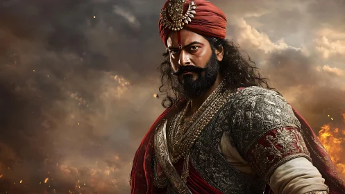 Militarized royal warrior under storm-lit emberscape sky.