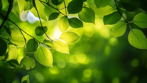 Sunlit Green Leaves Close-Up with Vibrant Natural Bokeh Effect.
