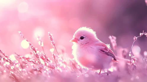 Fluffy Baby Bird in Pastel Pink Meadow, Dreamy Soft Focus Style.