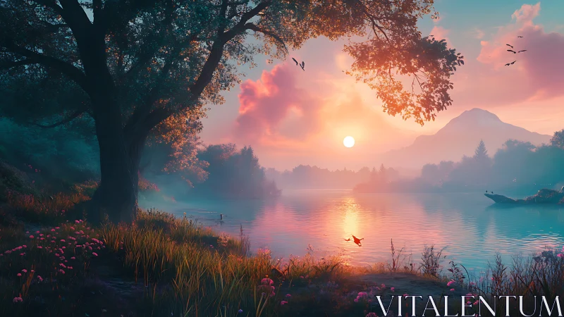 Sunset light over calm lake with tree and mountains.