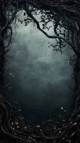 Dark twisted forest frame encloses misty negative space field