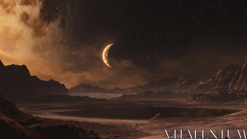 Crescent planet over arid extraterrestrial valley at dusk.