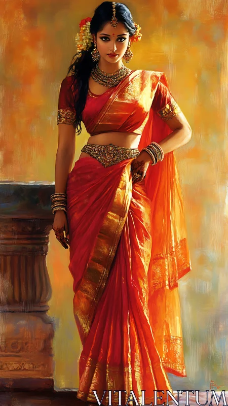 Woman in traditional red sari with ornate gold jewelry.