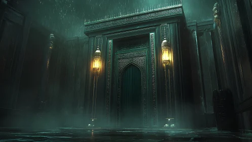 Rain-soaked occult gateway with luminous arabesque metalwork.